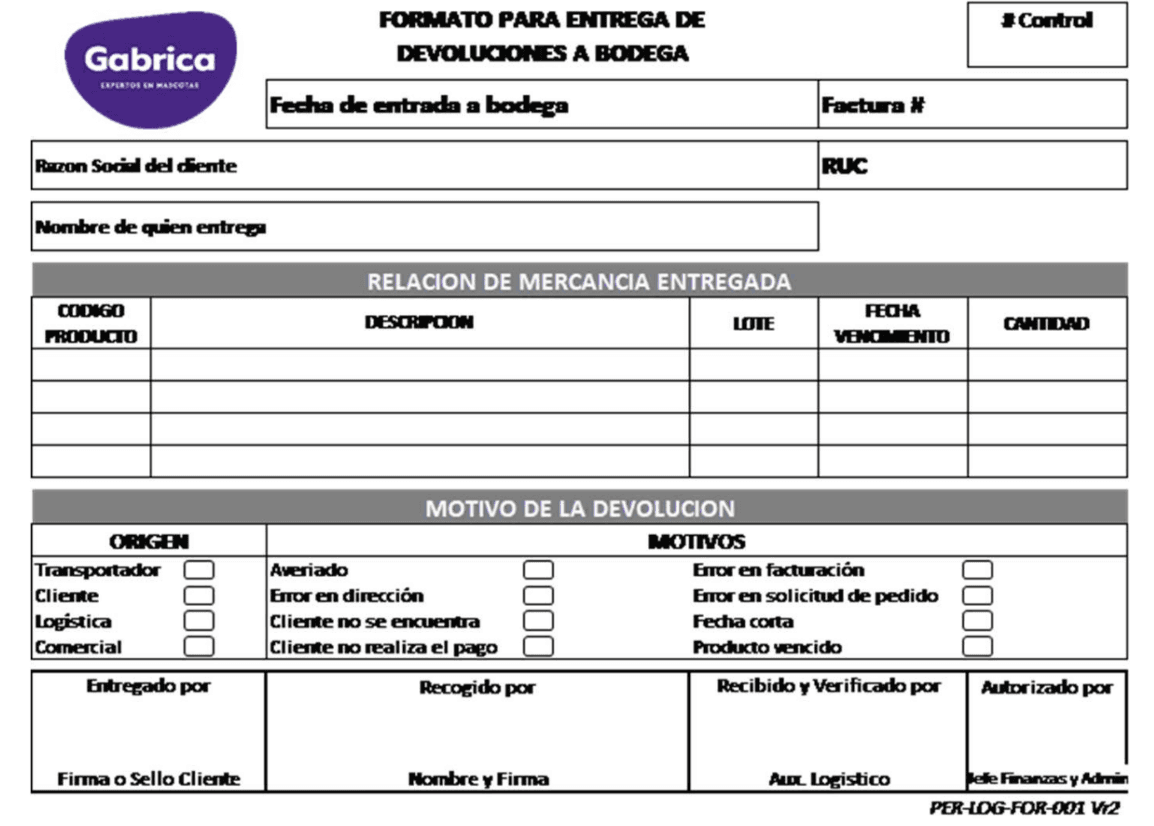 Formato para entrega de devoluciones a bodega — Gabrica Perú (PER-LOG-FOR-001)