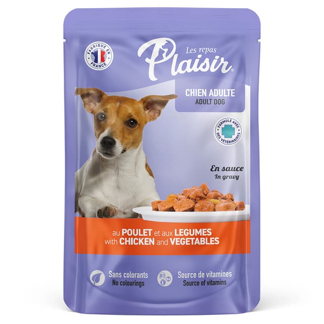 Alimento húmedo Para Perro Adulto Plaisir Con Trocitos En Salsa Con Pollo Y Verduras
