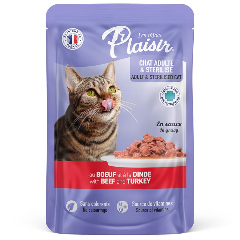 Alimento húmedo Para Gato Adulto Plaisir Con Trocitos De Ternera Y Pavo En Salsa
