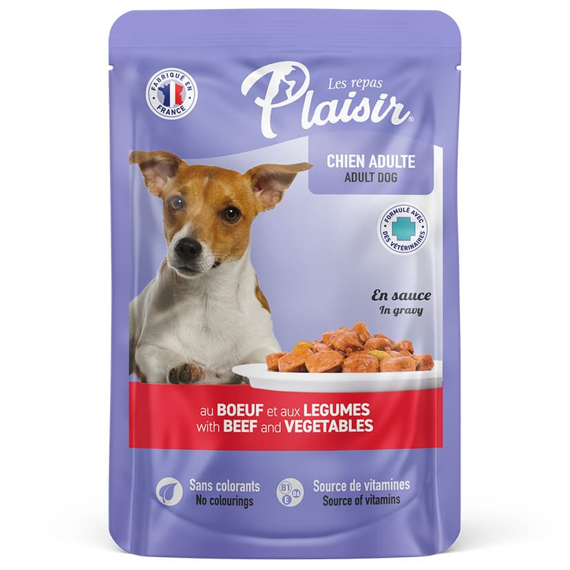 Alimento húmedo Para Perro Adulto Plaisir Con Trocitos De Carne De Res Y Verduras