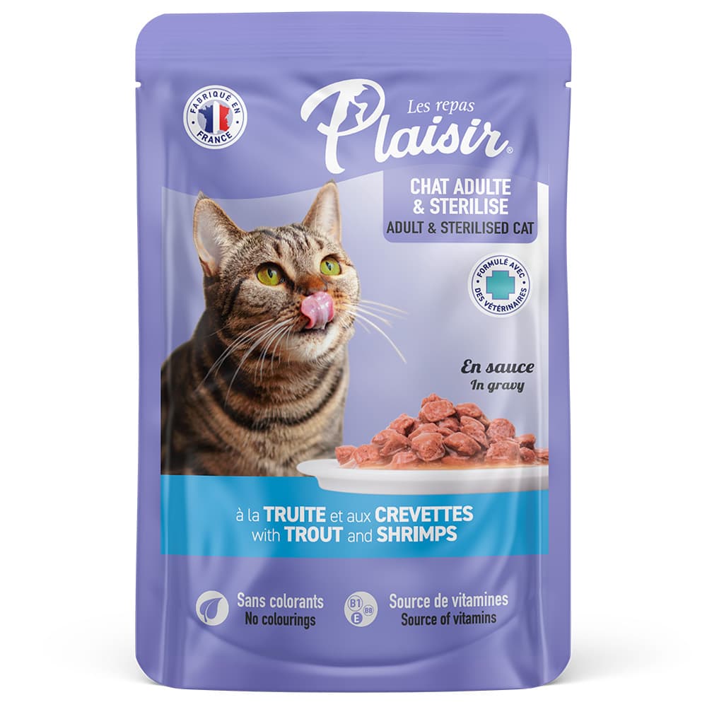 Alimento Húmedo Para Gato Adulto Plaisir Con Trocitos De Trucha Y Camarón En Salsa 1