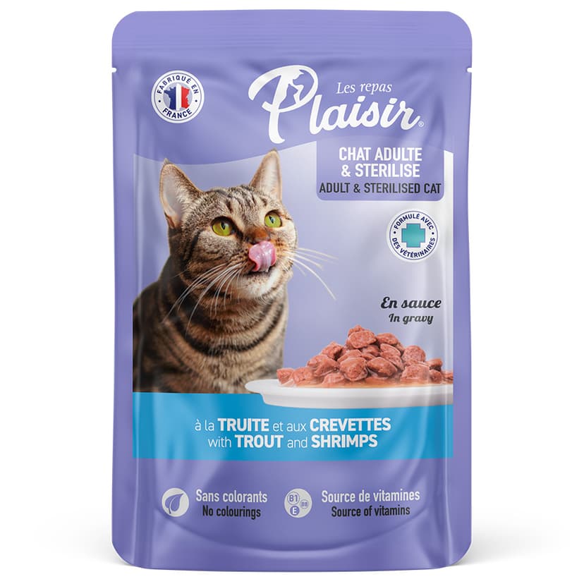 Alimento húmedo Para Gato Adulto Plaisir Con Trocitos De Trucha Y Camarón En Salsa