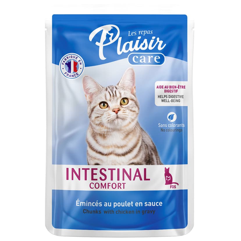 Alimento húmedo Para Gato Plaisir Cuidado Intestinal Con Trocitos De Pollo En Salsa