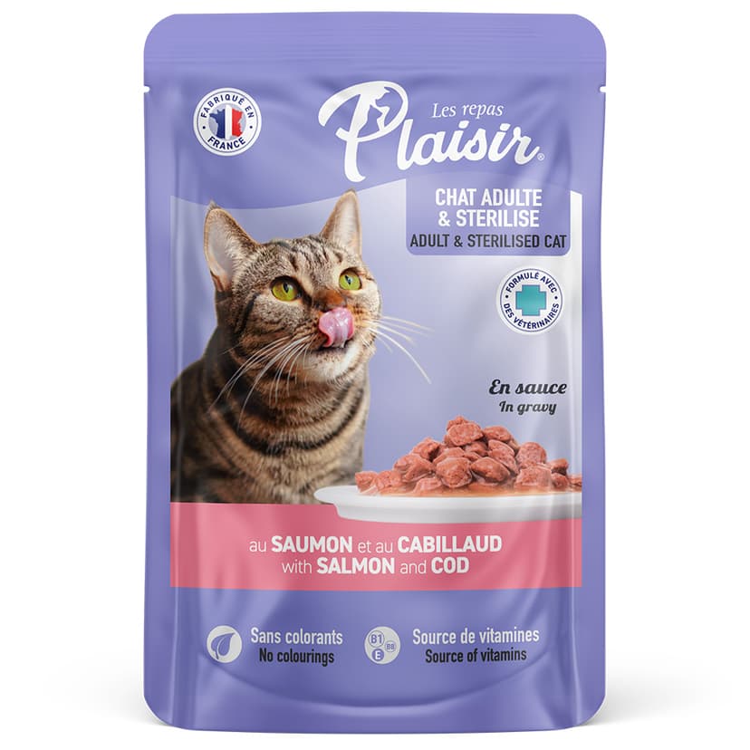 Alimento húmedo Para Gato Adulto Plaisir Con Trocitos Con Salmón Y Bacalao En Salsa